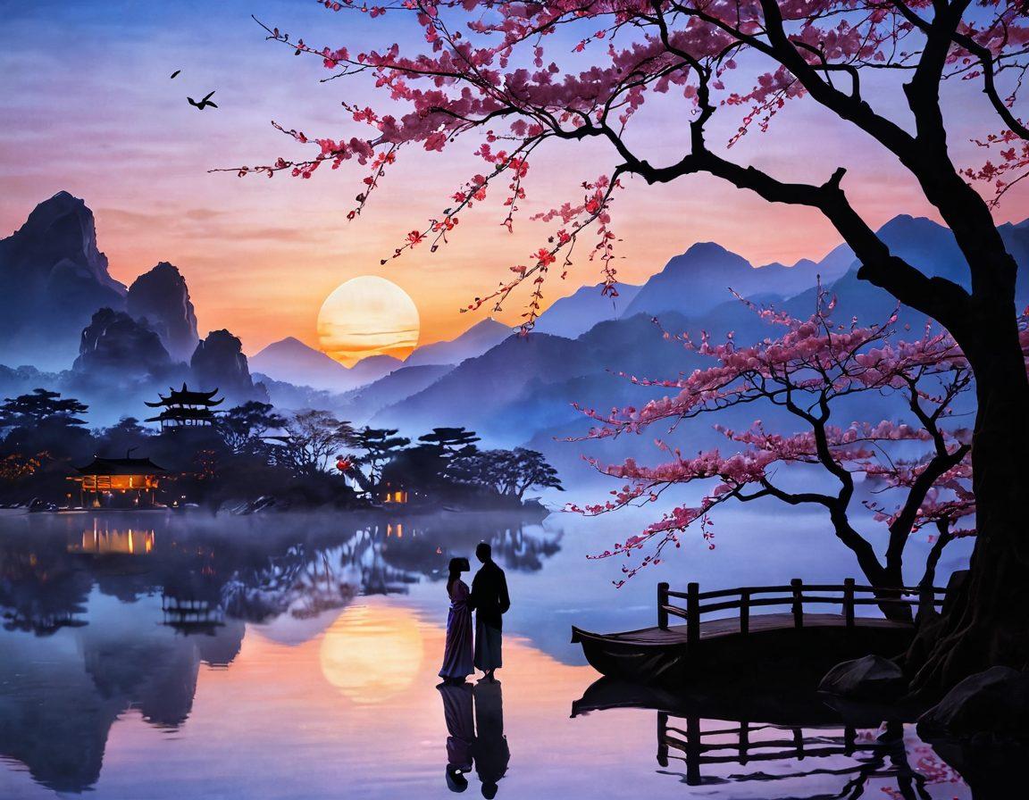 An ethereal, twilight scene depicting a serene Asian landscape with cherry blossoms subtly illuminated by soft lantern light. In the foreground, graceful silhouettes of couples engaging in a romantic embrace, surrounded by misty mountains and flowing water. Elements of traditional Asian art, like delicate patterns and vibrant textiles, weave into the background. The scene should evoke a sense of intimacy and allure, inviting viewers into a cultural journey. super-realistic. vibrant colors. serene atmosphere.