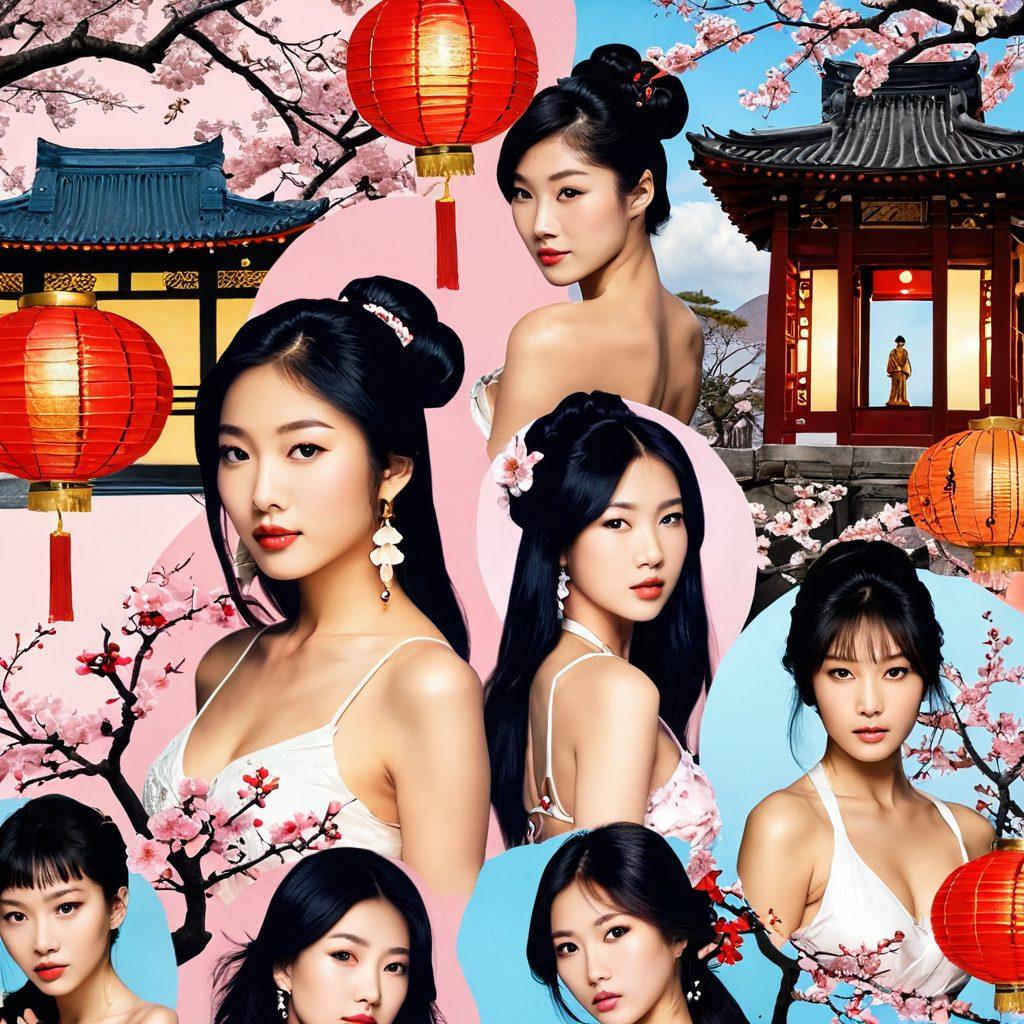 A captivating collage showcasing the evolution of Asian adult entertainment through the ages, featuring iconic scenes from traditional to modern interpretations. Include elements of Asian cultural symbols, such as lanterns and cherry blossoms, interwoven with contemporary sensual imagery. Highlight the contrast between ancient art styles and modern aesthetics, evoking a sense of sensual pleasure and cultural depth. soft focus. vibrant colors. surrealism.