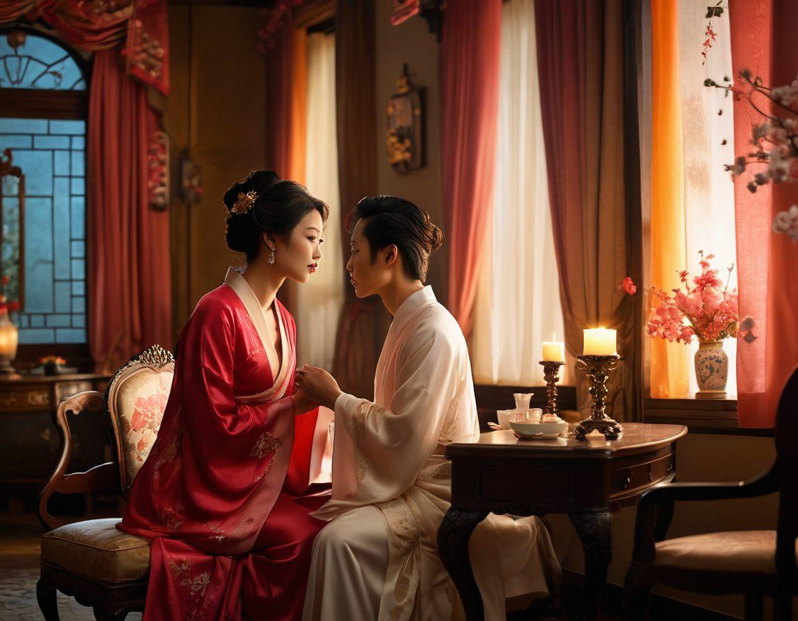 A sultry Asian film scene, featuring an elegant dimly lit room adorned with silk curtains and soft candlelight, where two figures are playfully engaging in a whispering conversation. Include elements of traditional Asian décor, like cherry blossoms and ornate furniture, to accentuate the cultural context. The atmosphere should be both intimate and inviting, capturing the essence of sensual storytelling. super-realistic. vibrant colors. soft focus.